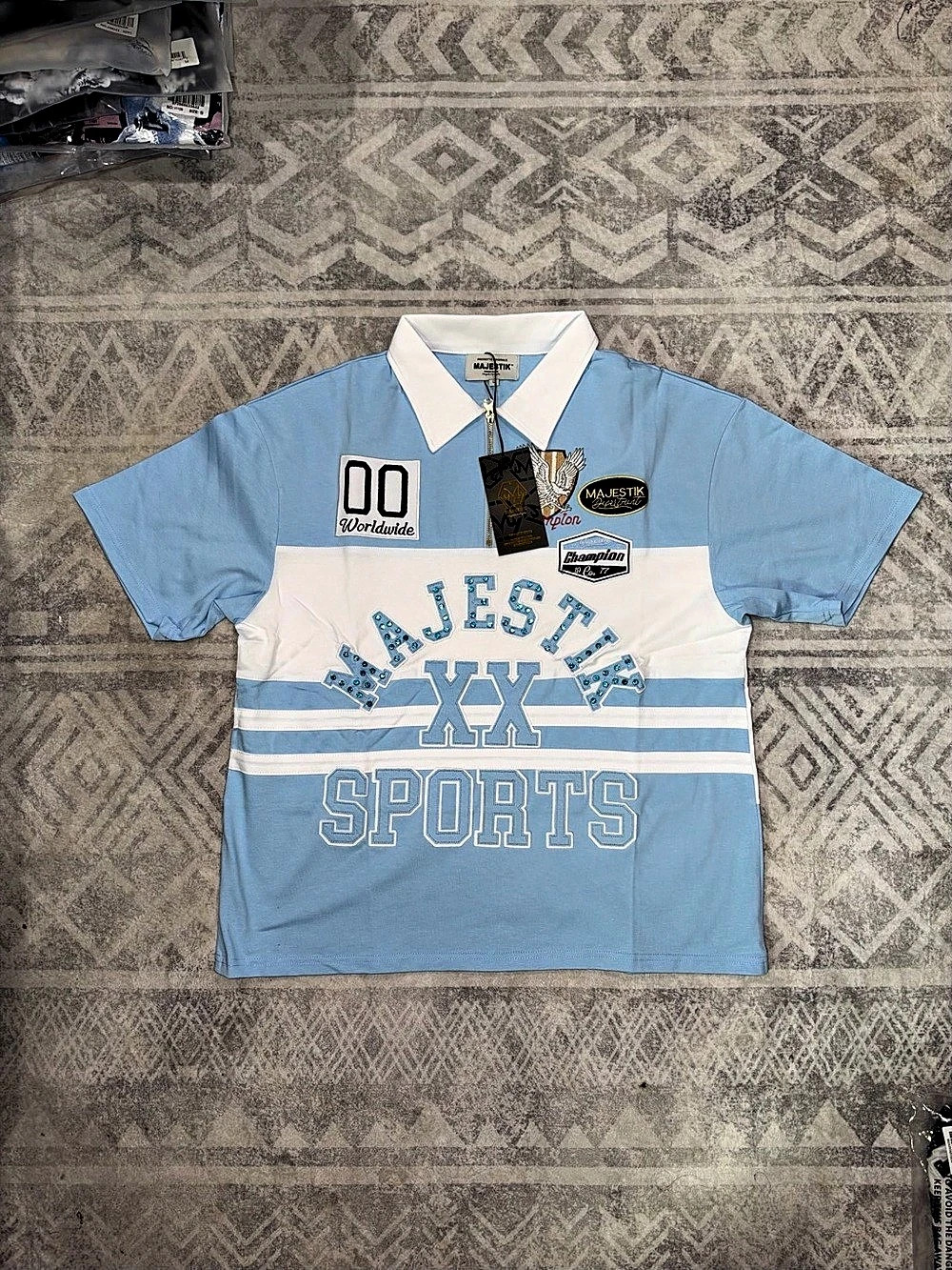 Majestik Polo T-Shirt - Worldwide Champion - Blue Color Block Polo Shirt in Blue